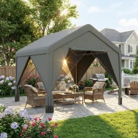 Outsunny 3 x 3 m Patio Gazebo with Netting & Curtains, Outdoor Canopy Shelter with Galvanised Steel Frame, Dark Grey(m-10)