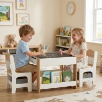 HOMCOM 3 in 1 Set Tavolo Bambini con 2 Sedie, Lavagna Rimovibile, Libreria, Scatole in Tessuto, 3-8 Anni, Naturale(m-10)
