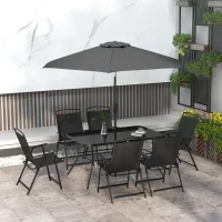 Outsunny Juego de Comedor de Jardín de 8 Piezas con 1 Mesa de Cristal 6 Sillas Plegables y 1 Sombrilla para Terraza Patio Negro(m-10)