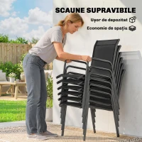 Outsunny Set de Grădină 7 piese din Oțel cu 6 Scaune Stivuibile din Textilenă și Masă de Cafea cu Blat din Sticlă, Negru(m-4)
