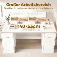 HOMCOM Bureau 140 cm met 8 laden, modern bureau met opbergruimte, witte houtlook(m-6)
