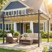 Outsunny Pérgola de Jardín 3x3,8 m con Techo de Lamas Ajustable a 90° Manivela Estructura de Aluminio y Acero UPF50+ Beige(m-10)