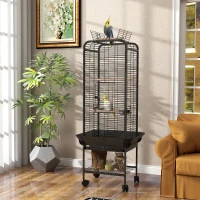 PawHut Jaula para Loros con Ruedas Perchas Comederos Estante y Bandeja Extraíble 62,5x62,5x146 cm Gris Oscuro(m-10)