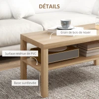 HOMCOM Table basse de salon, table d'appoint rectangulaire à 2 niveaux avec étagère de rangement, 90x45x44,5cm, bois naturel(m-6)