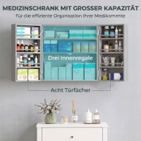 HOMCOM Wand-Medizinschrank mit Doppeltüren, Badezimmerschrank mit 4 Ablagen, abschließbar mit 2 Schlüsseln, Grau(m-4)