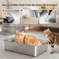 PawHut Bac à Litière pour Chat 80L en Inox avec Couvercle Rabattable à 180°, Tiroir Coulissant, Pelle, 63x43x43cm, Gris Clair(m-6)