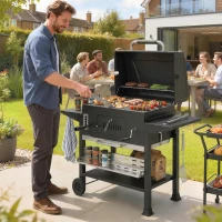 Outsunny Charcoal BBQ Grill Smoker with Electric Rotisserie Kit, Portable Barbecue Grill with Warming Rack, Black(m-2)