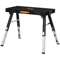 DURHAND Banco de Trabajo 5 en 1 Mesa de Trabajo con Altura Ajustable en 3 Niveles Patas Retráctiles 4 Ruedas Carga 150 kg Como Caballete de Sierra para Taller Garaje 105x74x80 cm Negro(m-11)