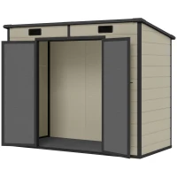 Outsunny Casetta da Giardino 2.54m² in PP e Alluminio con Pavimento, Tetto Inclinato, Doppia Porta Bloccabile, Finestra, Guanti, Marrone Chiaro(m-6)