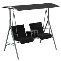 Outsunny 2 Seater Garden Swing Chair, Patio Swing Seat w/ Tilting Canopy, Double Padded Seats, Storage Bag and Tray For Garden Balcony Terrace Patio, Black(m-1)