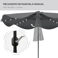 Outsunny Sombrilla de Jardín Manual Ø292x254 cm con 32 Luces LED Solares 8 Varillas Impermeable y Rejillas de Ventilación Gris(m-7)
