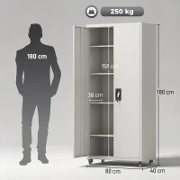 HOMCOM Armário de Ferramentas em Aço 180 cm com Rodas Amovíveis, Prateleiras Ajustáveis e Carga até 250 kg para Garagem Branco(m-3)