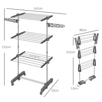 HOMCOM Stendino Verticale con 3 Ripiani Regolabili, in Acciaio e Plastica, 142x55x152 cm, Grigio e Argento(m-3)