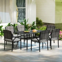Outsunny Rattan Garden Furniture Set with Cushions, 6 Seater Rattan Dining Set with 6 Armchairs, 150 x 96cm Rectangular Table, Umbrella Hole, for Outdoor, Patio, Balcony, Terrace, Conservatory(m-10)