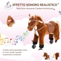 HOMCOM Cavallo Giocattolo a Rotelle per Bambini 2+ Anni con Suoni Realistici e Poggiapiedi, 55x23x60 cm, Marrone(m-6)