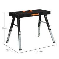 DURHAND Banco de Trabajo 5 en 1 Mesa de Trabajo con Altura Ajustable en 3 Niveles Patas Retráctiles 4 Ruedas Carga 150 kg Como Caballete de Sierra para Taller Garaje 105x74x80 cm Negro(m-3)