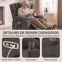 HOMCOM Poltrona Relax Reclinável Elétrica Elevatória com Massagem Vibratória, Calor, Assento Largo, USB-C, USB-A, Bolsos, Preta(m-8)