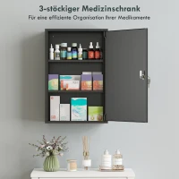 kleankin Wand-Medizinschrank, Badezimmerschrank mit 3 Regalböden, 2 Schlüsseln, 40 x 18 x 60 cm, Schwarz(m-5)