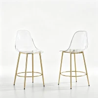 Lot de 2 tabourets de bar transparents au design flottant, adaptée aux îlots européens, 48,50x48,50x102,00 cm, doré, Transparent(m-2)
