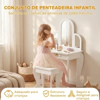 HOMCOM Toucador para Crianças com Espelho e Banco Toucador de Maquilhagem para Crianças de 3 a 6 Anos 52x32x85 cm Branco(m-4)