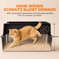 PawHut 2er-Set Katzenklo Edelstahl XL mit Hohem Rand Deckel 60x40x30cm Halboffene mit 2 Schaufeln, für Große Katzen bis 8 kg(m-5)