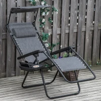 Outsunny Foldable Reclining Garden Chair with Headrest, Zero Gravity Deck Sun Lounger Seat with Footrest, Armrest, Cup Holder & Canopy Shade, Light Grey(m-2)