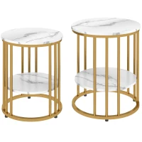 HOMCOM Set of Two Marble-Effect Coffee Tables - White/Gold-Tone(m-1)