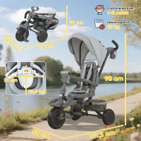 AIYAPLAY Kinderdreirad, 6-in-1 Buggy voor Kleuters, met Duwstang, Verstelbare Zitting, Vouwbaar Ontwerp, Veiligheidsnet, Grijs(m-3)
