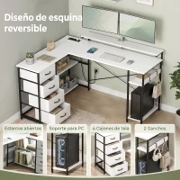HOMCOM Escritorio en L Reversible con 4 Cajones de Tela 2 Enchufes y 2 Puertos USB Soporte para Monitor 155x112 cm Blanco(m-6)