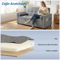 HOMCOM Sofá Cama 2 Plazas 3 en 1 Deslizantede Tejido Lino con Respaldo Ajustable Bolsillos 2 Cojines para Sala de Estar Gris(m-6)