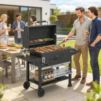 Outsunny Charcoal BBQ Grill Smoker with Electric Rotisserie Kit, Portable Barbecue Grill with Warming Rack, Black(m-10)