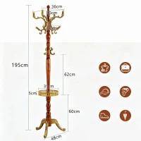 Porte-manteau européen en bois massif, design sculpté et élégant, plusieurs crochets à hauteurs variées, 48x48x195 cm, Couleur naturelle(m-3)