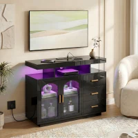 HOMCOM High Gloss Sideboard with LED Lights, Built-in Power Outlets, 3 Drawers, Shelves and 2 Acrylic Doors, Black(m-8)