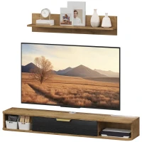 HOMCOM Conjunto de Muebles de Salón Muebles de TV con Estante de Pared Compartimentos Orificios para Cables 120x24x16 cm Roble(m-11)