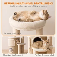 PawHut Ansamblu Joacă Pisici cu Sisal, Turn Multinivel 90 cm cu Culcuș și Platforme, 55x39x90 cm, Bej(m-4)
