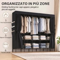HOMCOM Armadio in Tessuto Salvaspazio con 5 Aste, 5 Ripiani, 6 Tasche Laterali, Ante Antipolvere con Zip, Nero(m-4)