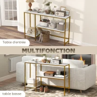 HOMCOM Console meuble 120 cm, table console 3 niveaux avec étagères de rangement, plateaux imitation marbre, blanc et doré(m-7)