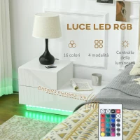 HOMCOM Comodino Moderno con 16 Luci LED RGB, Telecomando e Due Cassetti in Truciolato, 70x37x38cm, Bianco(m-4)