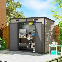 Outsunny Casetta da Giardino 2.54m² in PP e Alluminio con Pavimento, Tetto Inclinato, Doppia Porta Bloccabile, Finestra, Guanti, Marrone Chiaro(m-2)
