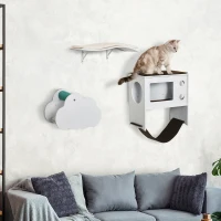 PawHut Juego de Escalada para Gatos de Pared de 3 Piezas con Caseta Plataformas Hamaca y Poste de Sisal Blanco(m-10)