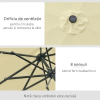 Outsunny Umbrelă de Grădină Inclinabilă Ø265 cm cu 32 Luminile LED Solare și Manivelă, Umbrelă de Exterior cu 8 Spițe, din Oțel, Poliester, pentru Patio, Curte, Balcon, Terasă, Bej(m-5)