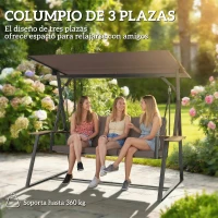 Outsunny Columpio de Jardín Exterior de 3 Plazas con Techo Ajustable 2 Bandejas Cojines y Marco de Metal Carga 360 kg Marrón(m-4)