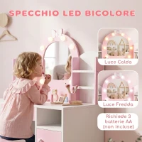 AIYAPLAY Set Toeletta Trucco Bambina 2 in 1 con Sgabello e Specchio, Luci a 2 Colori, Cassetto, Ripiani, Rosa(m-4)