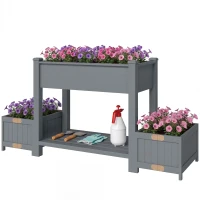 Outsunny Jardinieră Ridicată cu 2 Ghivece Laterale și Raft pentru Unelte, din Lemn de Brad, 149x46x76 cm, Gri(m-12)