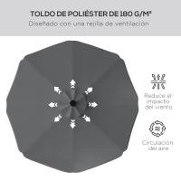 Outsunny Sombrilla de Jardín Manual Ø292x254 cm con 32 Luces LED Solares 8 Varillas Impermeable y Rejillas de Ventilación Gris(m-6)