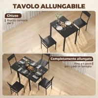 HOMCOM Set da Pranzo con Tavolo Allungabile e 4 Sedie Impilabili, Nero(m-5)