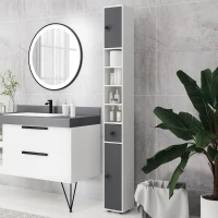 kleankin Coluna Casa de Banho Moderna com 1 Gaveta 5 Prateleiras Ajustáveis e 2 Armários 20x20x180 cm Cinza(m-7)