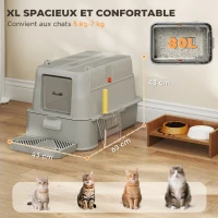 PawHut Bac à Litière pour Chat 80L en Inox avec Couvercle Rabattable à 180°, Tiroir Coulissant, Pelle, 63x43x43cm, Gris Clair(m-5)