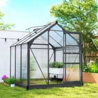Outsunny Serre de jardin polycarbonate 3,65m² 190 x 192 x 201 cm résistant aux UV fondation renforcé gouttière Gris(m-10)