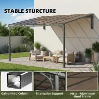 Outsunny 3.4 x 3 m Metal Lean-to Pergola, Wall-Mounted Garden Pergola with Polycarbonate Roof and Metal-Aluminium Frame, Brown(m-7)